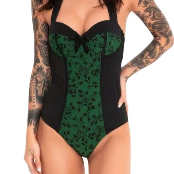 GOTHIC SEXY GREEN LACE FLOWERS PANEL HALTER SWIMSUIT BATHING SUIT STEAMPUNK M - Picture 1 of 9